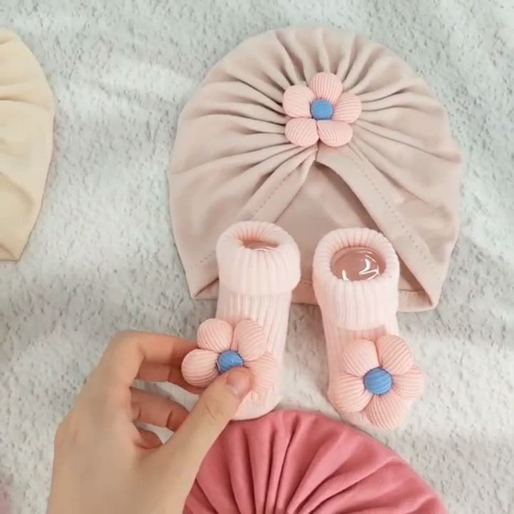 Toddler Sock Set - 달콤한 큰 꽃무늬 아기 모자 양말